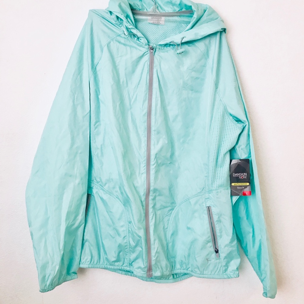 Light blue zip up wind breaker hooded jacket